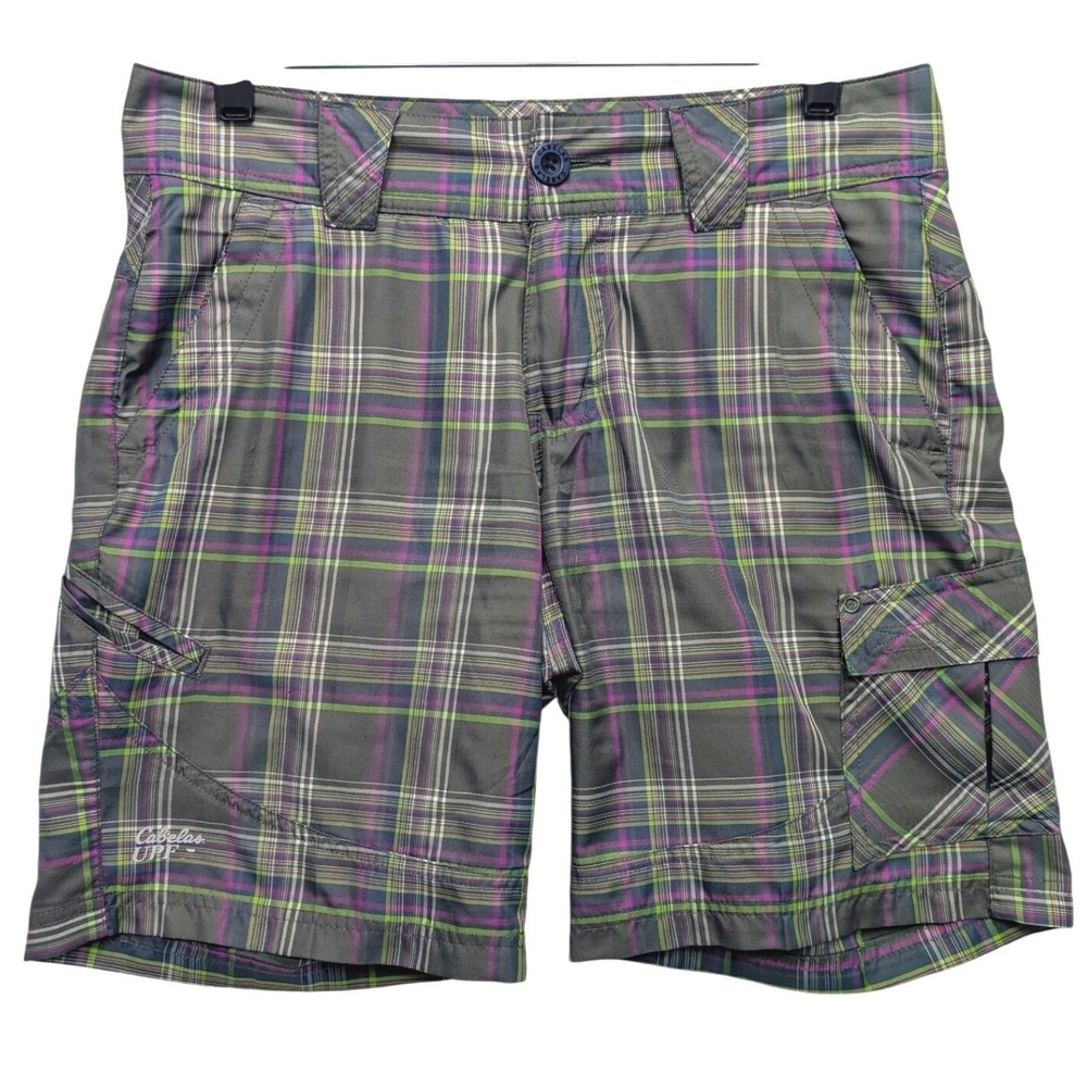 Cabela's Casuals Hiking Shorts Womens 4 Grey Purple Plaid UPF Cargo